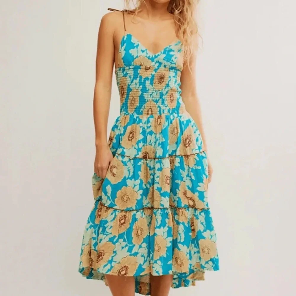 Free People NWT Adriel Tie Strap Tiered Hawaiian Ocean‎ Combo Midi Dress Size S